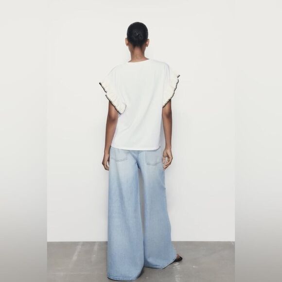 Zara Women’s White Chunky Knit T-Shirt with Ruffles Size M NWT - Picture 7 of 7